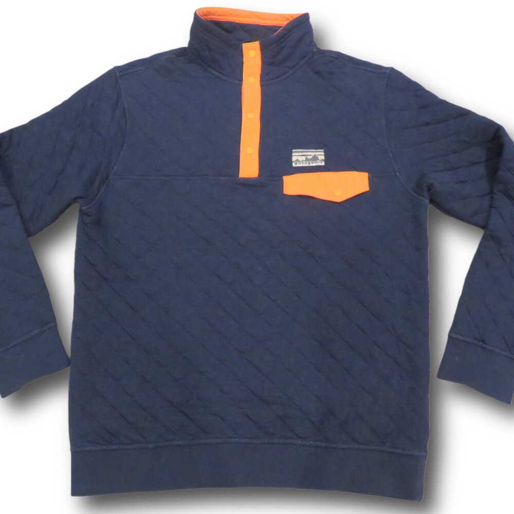 Patagonia Men’s Snap-T Pullover Quilted Knit Navy Orange Size M Retro Logo